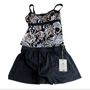 Caribbean Joe Black and White Floral Tankini